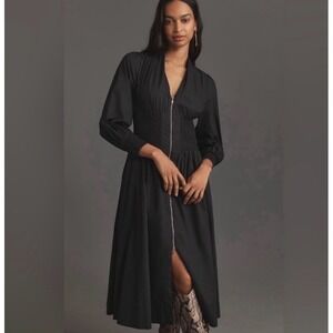 Anthropologie The Tommie Smocked Front-Zip Shirt Dress Black Long Sleeve Small
